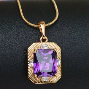 "Purple Rectangular Pendant with Gold Frame and Sparkling Accents, XPPT1786